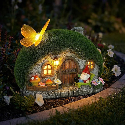 Solar Fairy Garden House Accessories, Outdoor Garden Statues with Butterfly Lights & Gnomes Gardening Gifts for Women, House Sculpture Figurine Outside Garden Decorations for Yard Patio Lawn Decor