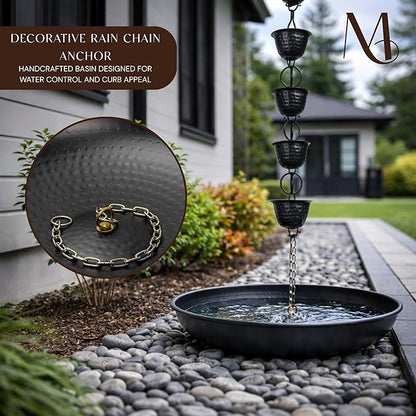 Monarch Rain Chains Rain Chain Basin – 12 Inch Hand Hammered Anchor Bowl for Gutters, Matte Black Decorative Anchoring Basin for Outside, Garden, Lawn & Patio Water Feature, Downspout Catcher Basins