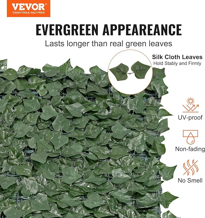 VEVOR Artificial Ivy Privacy Fence Screen, 59 x 98 in Faux Ivy Vine Leaf Hedges Fence, Greenery Privacy Fence with Mesh Cloth Backing, Green Wall Decoration for Outdoor Garden, Yard, Balcony