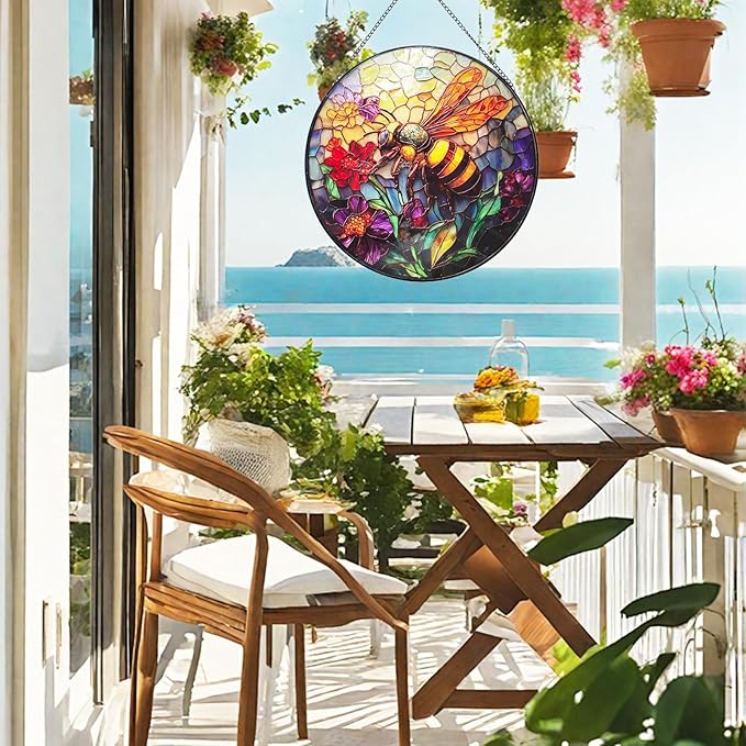 Stained Glass Window Hanging, Summer Beach Window Hanging Light Catcher, Outdoor Light Catcher Garden Decor, Tropical Kitchen Wall Decor Decorative Patios (Red Flowers Bees)