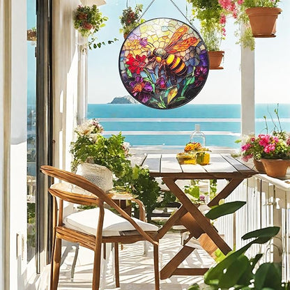 Stained Glass Window Hanging, Summer Beach Window Hanging Light Catcher, Outdoor Light Catcher Garden Decor, Tropical Kitchen Wall Decor Decorative Patios (Red Flowers Bees)