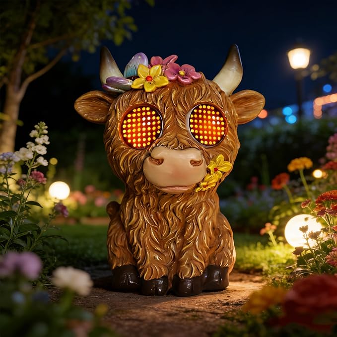 Solar Highland Cow Garden Outdoor Statues,Animals for Garden Decor with Moving Led Eyes,Lawn Decor Animal Statues for Patio,Balcony,Yard Ornament - Garden Gifts for Mom Grandma (Highland Cow)