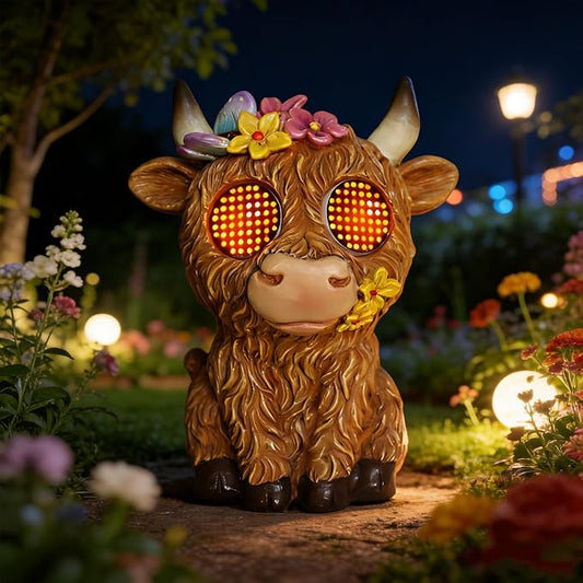 Solar Highland Cow Garden Outdoor Statues,Animals for Garden Decor with Moving Led Eyes,Lawn Decor Animal Statues for Patio,Balcony,Yard Ornament - Garden Gifts for Mom Grandma (Highland Cow)