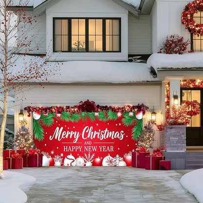 IVN Christmas Garage Door Cover Decoration 13x6ft Red Background Pine Needles White Baubles Snowflakes Merry Christmas Winter Garage Door Banner Home Door Front Yard Decor for Xmas Eve Holiday Outdoor