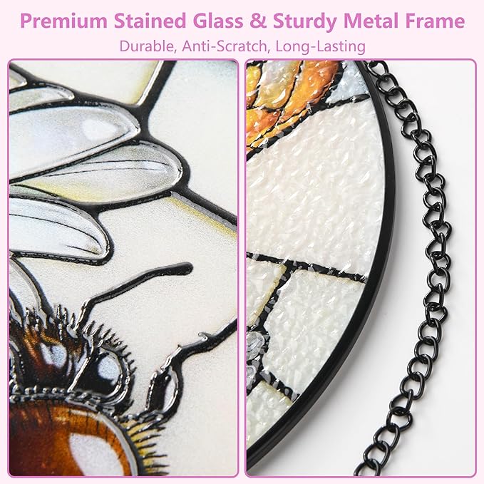 Stained Glass Window Hanging, Bee Circular Painted Glass Suncatcher with Chain & Suction Cup for Home Garden Door Decor, Birthday for Women Men Mom 7.8 in