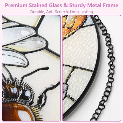 Stained Glass Window Hanging, Bee Circular Painted Glass Suncatcher with Chain & Suction Cup for Home Garden Door Decor, Birthday for Women Men Mom 7.8 in