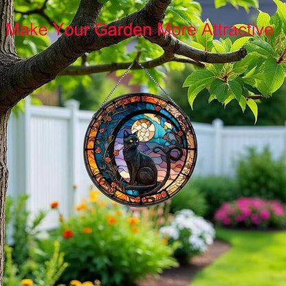 Black Cat Stained Glass Window Hanging,7.87’’ Stained Glass Suncatcher for Window for Cat Lovers,Hanging Ornaments Round Women Gifts for Family Friends, Housewarming Gift (A Style)