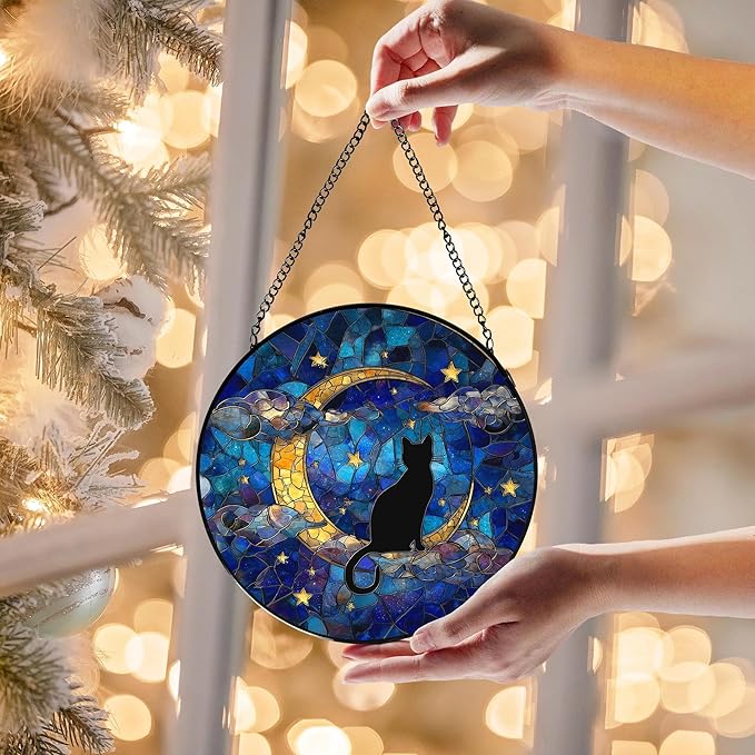 Black Cat Stained Glass Window Hanging, Black Cat on Moon Suncatchers Sun Catchers Indoor Window Glass Wall Art Decorations, Celestial Moon Kitten Round Wall Hanging Decor, 7.9x7.9in
