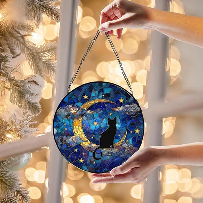 Black Cat Stained Glass Window Hanging, Black Cat on Moon Suncatchers Sun Catchers Indoor Window Glass Wall Art Decorations, Celestial Moon Kitten Round Wall Hanging Decor, 7.9x7.9in