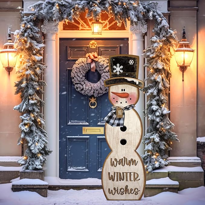 Winter Snowman Porch Sign Wooden Porch Decor Winter Christmas Nutcracker Snowman Front Door Welcome Standing Sign for Xmas Farmhouse Outdoor Yard Wall Hanging Decorations(42 Inch,Rustic)