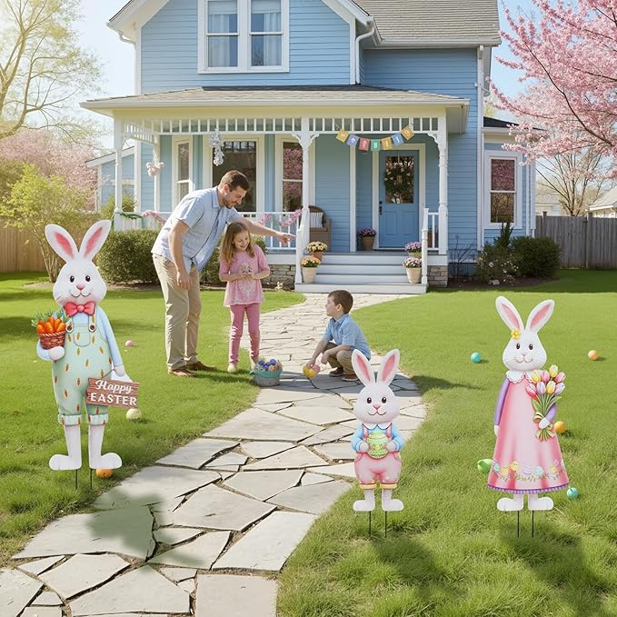 DoubleFill 3 Pcs Easter Decorations Outdoor 3D Metal Easter Eggs Tulip Yard Signs Decorative Garden Stakes Eggs Bunny Gnome Lawn Decorations Yard Decor for Spring Lawn Pathway Garden (Bunny Style)
