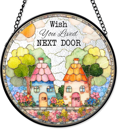 FIVITY Stained Glass Window Hanging 7.8" Wish You Lived Next Door Suncatcher Couple Friendship Stained Glass Ornament Long Distance Housewarming Valentines Moving Away Gift for Women Men Soulma