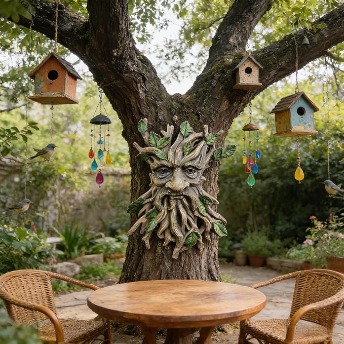 Whimsical Tree Face Garden Decoration ，Tree Faces Decor Outdoor Wallmounted Statue Art with Leaf Features, Outdoor Decor Garden Accessory (Nature and Outdoors)