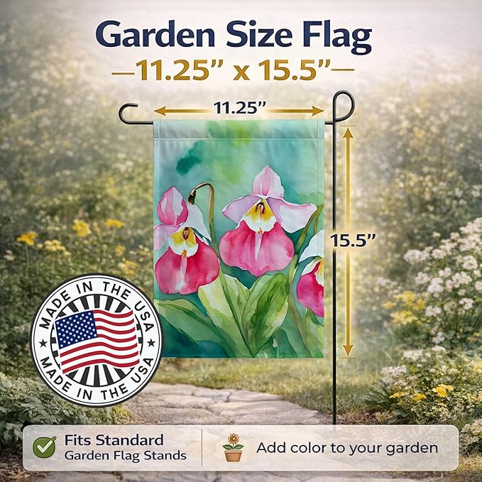 Caroline's Treasures Minnesota Pink and White Lady�s Slippers in Watercolor Garden Flag Mailbox Flag Decorative Yard Flag Banner Outside Patio Artwork Yard Flower Beds, Garden Size, Multicolor