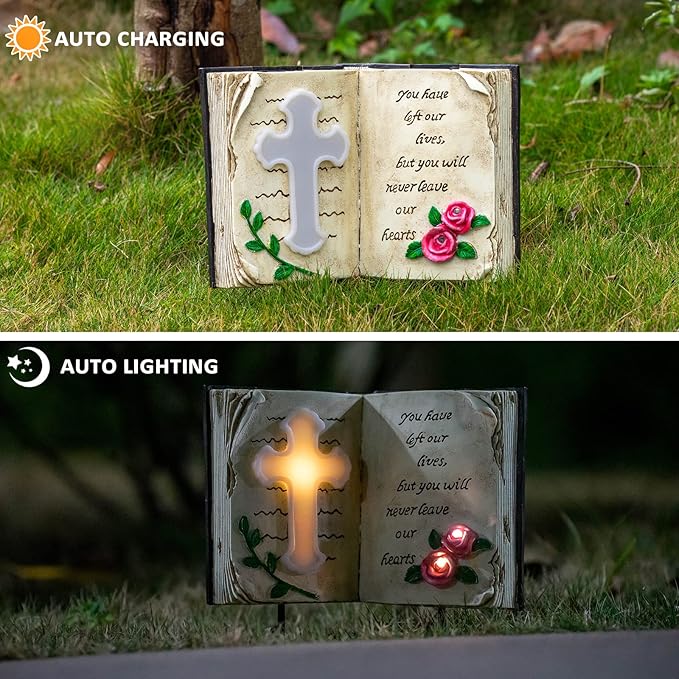 Candieslife Outdoor Solar Memorial Cross Stakes Lights, Waterproof Book Statue Grave Decorations Sympathy Gifts for Cemetery Garden Lawn Yard Patio Home Decor