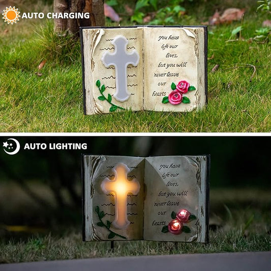 Candieslife Outdoor Solar Memorial Cross Stakes Lights, Waterproof Book Statue Grave Decorations Sympathy Gifts for Cemetery Garden Lawn Yard Patio Home Decor