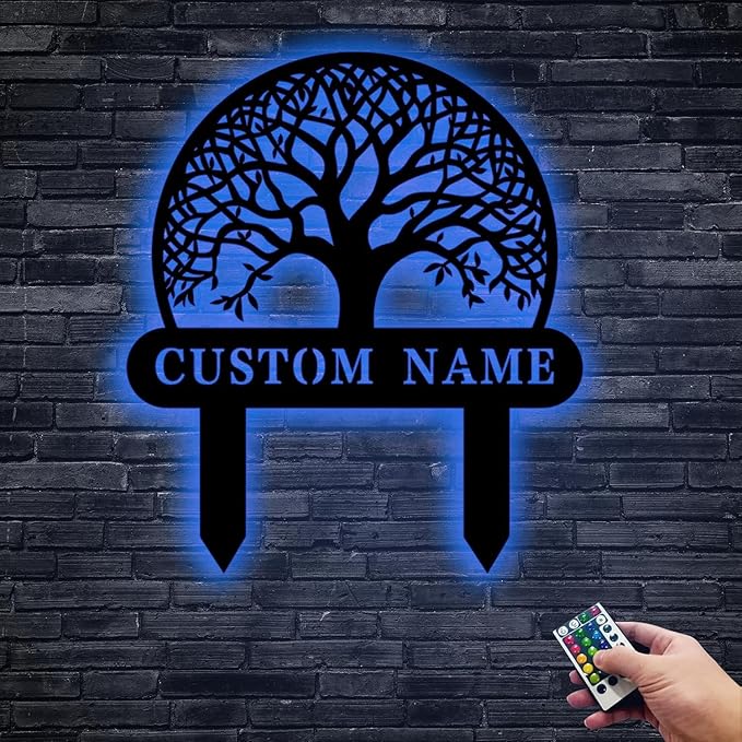 Custom Family Name Metal Garden Plaque,Personalized Tree Pattern Yard Marker,Weatherproof Outdoor Lawn Sign with Custom Name,Housewarming Garden Gift