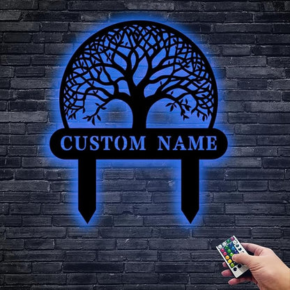 Custom Family Name Metal Garden Plaque,Personalized Tree Pattern Yard Marker,Weatherproof Outdoor Lawn Sign with Custom Name,Housewarming Garden Gift