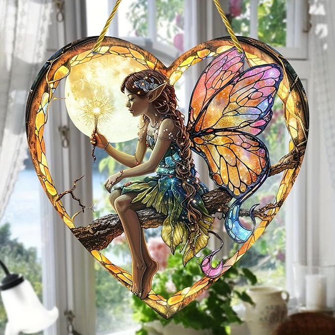 Flower Fairy Acrylic Window Hanging, Stained Glass Suncatcher, Holiday and Christmas Decorations, Heart Shaped Elf Girl Art, Chroma
