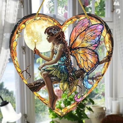 Flower Fairy Acrylic Window Hanging, Stained Glass Suncatcher, Holiday and Christmas Decorations, Heart Shaped Elf Girl Art, Chroma