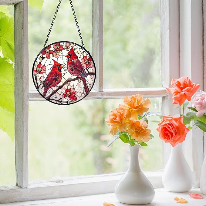 Cardinal Bird Stained Glass Window Hanging, Red Cardinal Flower Sun Catchers Indoor Window Round Glass Wall Art Decor, Bird Suncatcher Wall Hanging Decorations, Gardening & Lawn Care