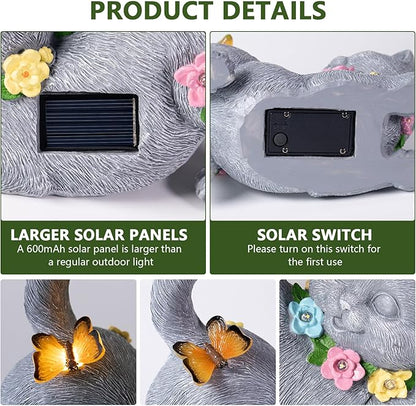 Solar Garden Statue Cat Figurine, Resin Solar Lights with Flower Decor for Outside, Yard Art Patio Balcony Lawn Decorations, Unique Gifts for Mom Grandma Women and Cat Lover (Gray)