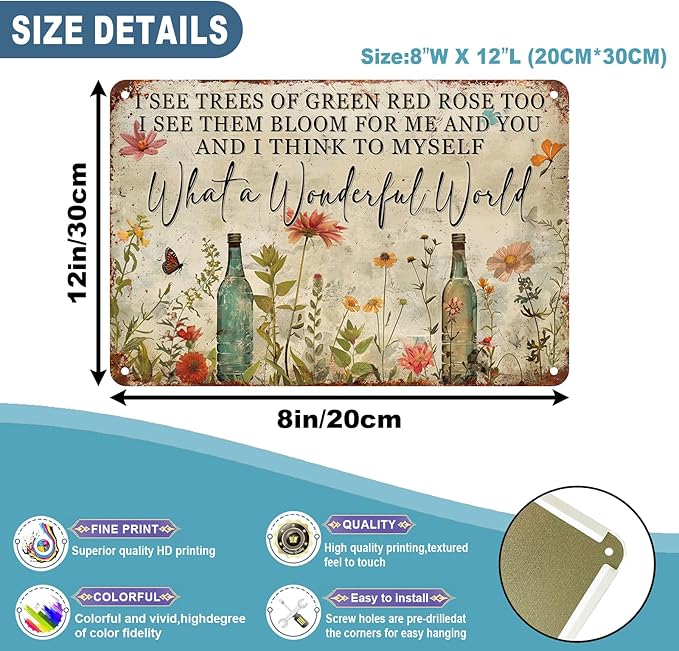 Dragonfly What A Wonderful World Flowers Funny Metal Tin Sign Wall Decor I See Trees of Green Red Rose Retro Tin Sign Bar Outdoor 8 x 12 Inch