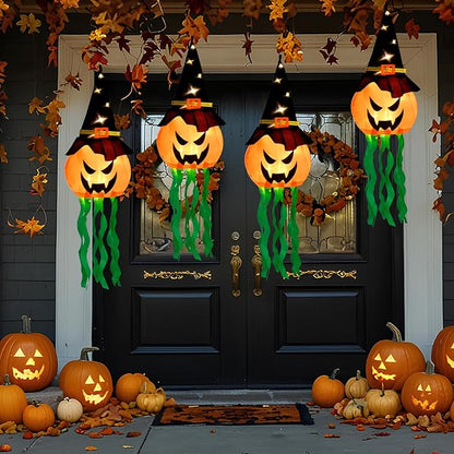 Halloween Decorations Outdoor, 4 PCS Hanging Lighted Glowing Pumpkin Witch Hat with 3 Modes Lighted Up Scary Orange Halloween Decorations for Indoor Outside Party Yard Tree Garden, 24Inch
