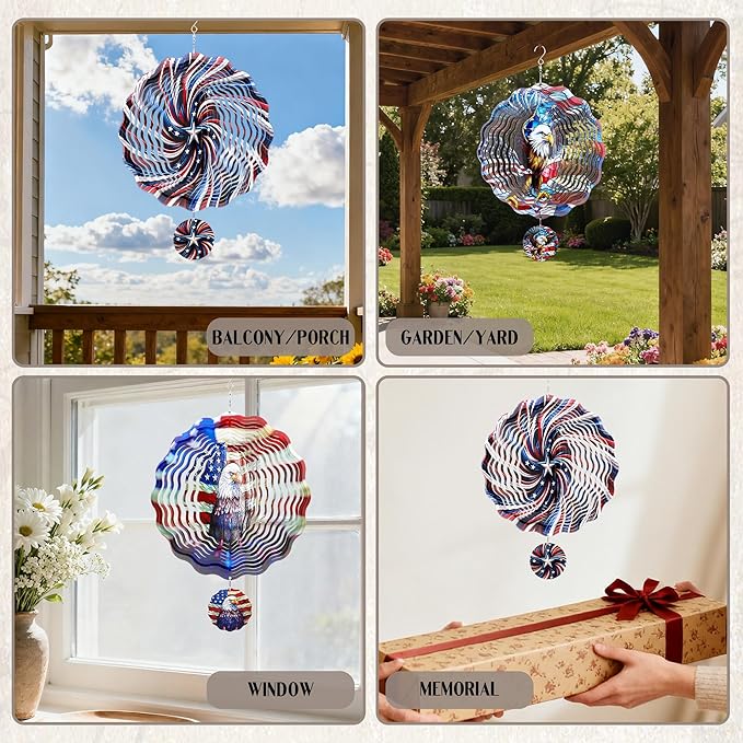 American Eagle Wind Spinner - 3D Stainless Steel Wind Spinners Outdoor Flag Pattern Kinetic Art Spinning Decor 12 Inch 250 Anniversary Hanging Ornaments for Patio Lawn Garden Yard Balcony
