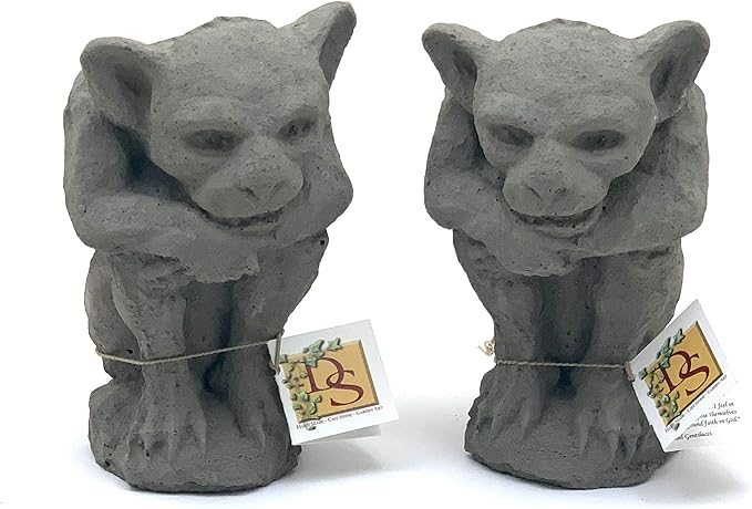 Sitting Gargoyle Statue (Set/2): Solid Durable Stone with Distressed Texture. Perfect Home Design & Sealed for Outdoor Use. Handcrafted USA. (Antique/Gray)