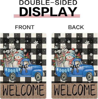 Rustic Truck Buffalo Plaid Garden Flags for Outside Set of 12, Welcome Seasonal Garden Flags 12x18 Double Sided, Car Holiday Lawn Flags, Winter Spring Outside Decorations for Yard