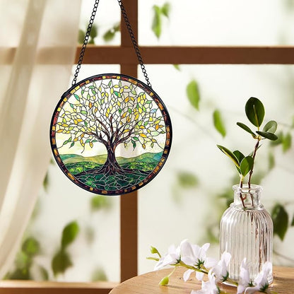 Tree of Life Suncatchers Stained Glass Window Hanging, Tree of Life Decor Sun Catchers Indoor Window Glass Round Wall Decor, Nature Wall Hanging Decorations, 7.9x7.9in