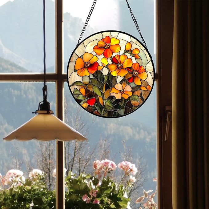 Stained Glass Window Hanging - Orange Marigolds Flowers Suncatcher for Door Garden Yard Sun Catchers Decor Christmas Mother's Day Birthday Gifts for Women Mom Nana Girlfriend Men 9.8 in