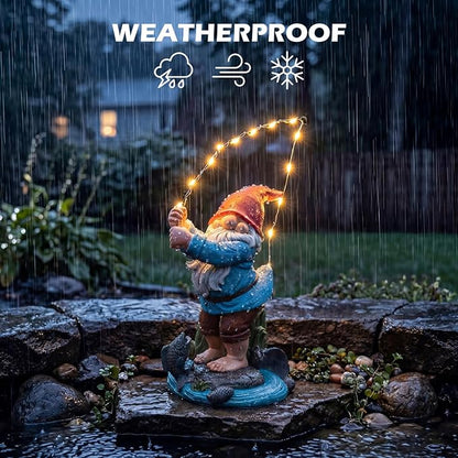 EXYGLO Solar Gnome Garden Decor Statue, 8.5" Fishing Gnome Outdoor Funny Decoration for Lawn, Patio, Yard, and Unique Housewarming, Birthday Ornament Gift for Mother, Friend, Family