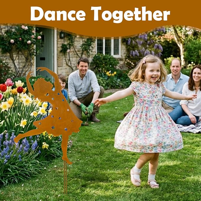 Therwen Rusty Metal Girl Dancer Garden Stake 24'' H Rusty Fairy Sculpture Yard Stake Large Whimsical Dancing Girl Silhouette for Lawn Garden Yard Patio Outdoor Primitive Decor