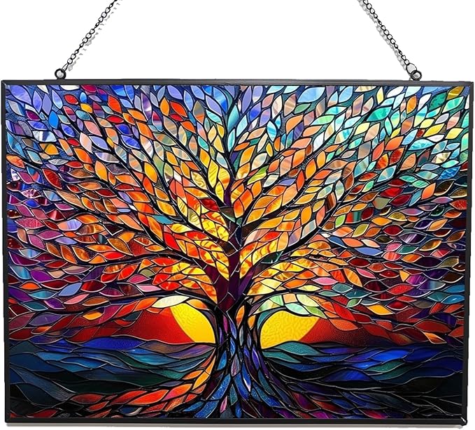 Rectangle Tree of Life Stained Glass Window Hanging Window Suncatcher Glass Panel with Metal Chain Sun Catchers Wall Art Home Decor Gift for Women Mother's Day