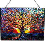 Rectangle Tree of Life Stained Glass Window Hanging Window Suncatcher Glass Panel with Metal Chain Sun Catchers Wall Art Home Decor Gift for Women Mother's Day