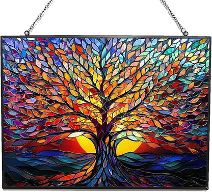 Rectangle Tree of Life Stained Glass Window Hanging Window Suncatcher Glass Panel with Metal Chain Sun Catchers Wall Art Home Decor Gift for Women Mother's Day