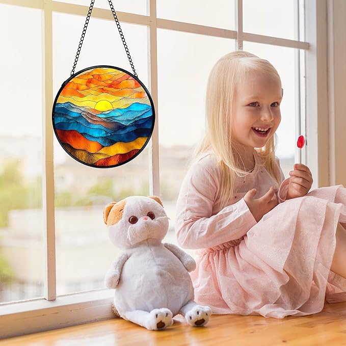Mountain Sunset Suncatchers Stained Glass Window Hanging, Nature Mountain Landscape Sun Catchers Indoor Window Glass Round Wall Decor, Nature Wall Hanging Decorations, 7.9x7.9in
