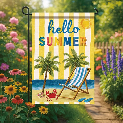 Hello Summer Garden Flag Beach Palm Tree Chair Coastal Outdoor Yard Porch Lawn Garden Decor for Tropical Seaside Patio Cottage Farmhouse Seasonal Summer Home Display