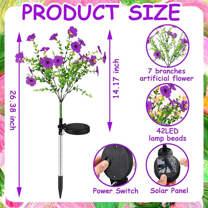 Glooglitter 2 Pack Solar Stake Lights Outdoor Decor Waterproof Mums Artificial Flowers Solar Lights for Outdoor Garden Yard Pathway Decor (Purple,Violet)