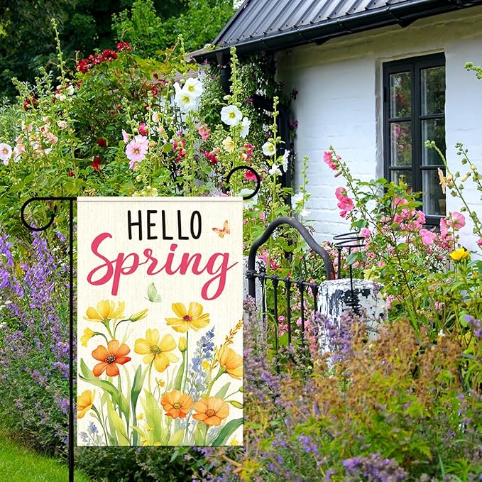Hello Spring Garden Flag for Outside,Yellow Floral Garden Flag,Spring Flowers Yard Lawn Porch Flags for Outdoor Decorations 12x18 Inch Double Sided