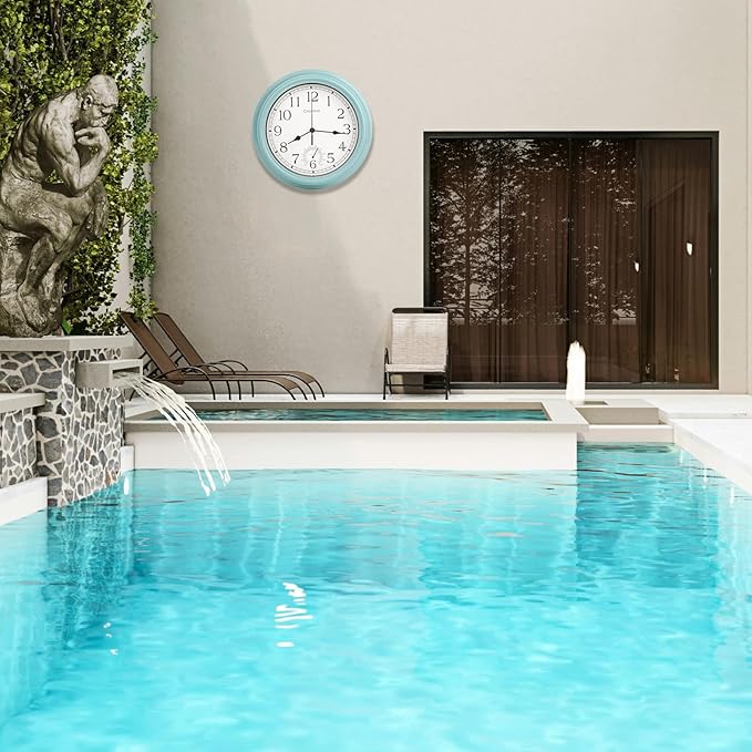 Crosstime 12 Inch Outdoor Clock Waterproof with Thermometer,Vintage Indoor Outdoor Wall Clocks for Patio, Pool, Garden, Bathroom Wall Decor - Teal