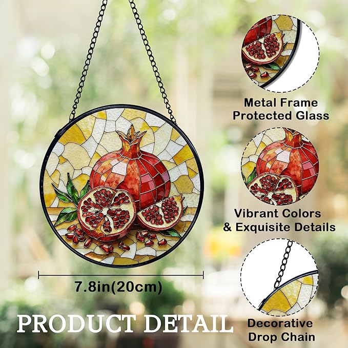 Pomegranate Decor, Summer Pomegranate Suncatchers Stained Glass Window Hanging, Summer Fruit Sun Catchers Indoor Window Glass Round Wall Decor, Fruit Kitchen Decor 7.9x7.9in