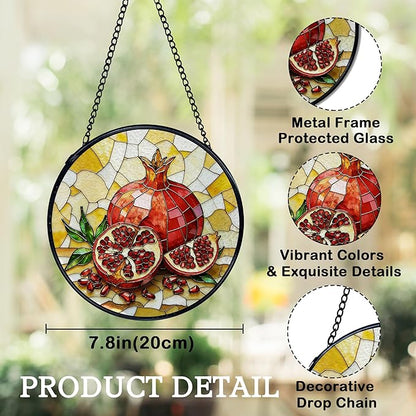 Pomegranate Decor, Summer Pomegranate Suncatchers Stained Glass Window Hanging, Summer Fruit Sun Catchers Indoor Window Glass Round Wall Decor, Fruit Kitchen Decor 7.9x7.9in