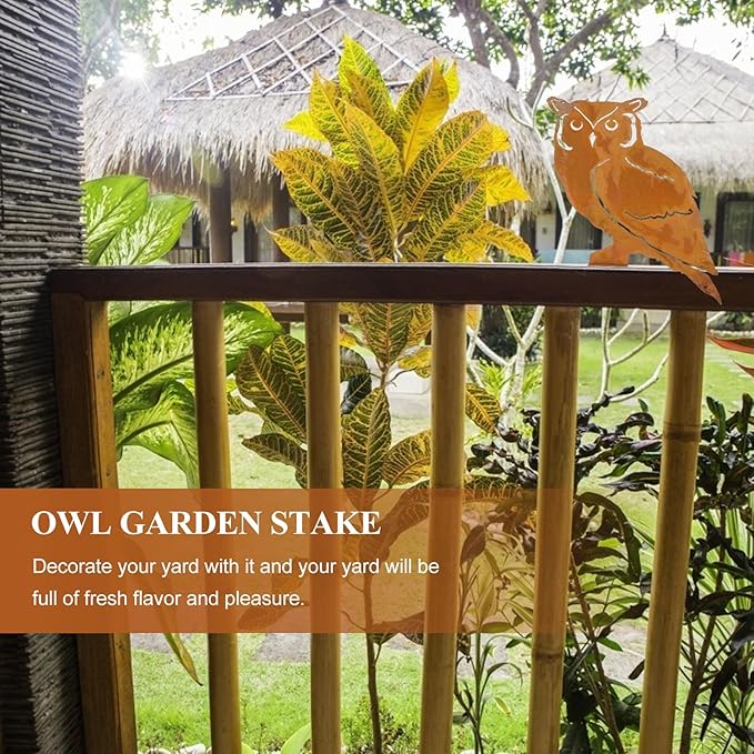 Yardwe Owl Garden Stake 9.84In Metal Outdoor Yard Decor with Branch Design for Lawn Patio and Garden Decoration
