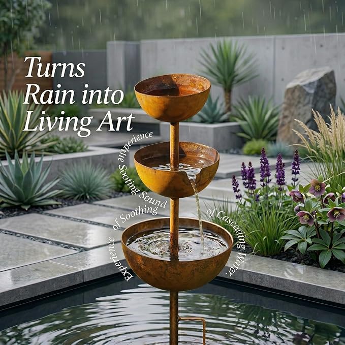 Rain Catcher & Plant Support Metal Garden Ornament, 3-Tiered Garden Stake with Water Bowls, Bird Bath & Bee Watering Station for Outdoor Yard, Patio, Lawn Art Decor (3PCS)