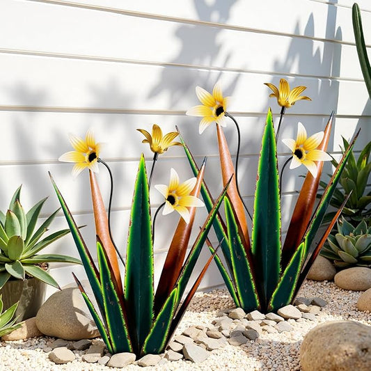 2 Pack Metal Agave Plant Sculptures, Outdoor Agave Plants, Tequila Rustic Sculpture, 16” Hand Painted Garden Decoration Yard Art Plant