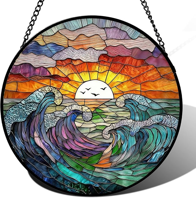 Stained Glass Window Hanging, Sea Waves and Clouds Suncatcher for Window Door Garden Home Decor, Sunset on The Beach and Ocean Scenery Glass Panel Ornaments for Women,Men,Wife, Lovers, and Mom 7.8 in