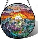 Stained Glass Window Hanging, Sea Waves and Clouds Suncatcher for Window Door Garden Home Decor, Sunset on The Beach and Ocean Scenery Glass Panel Ornaments for Women,Men,Wife, Lovers, and Mom 7.8 in